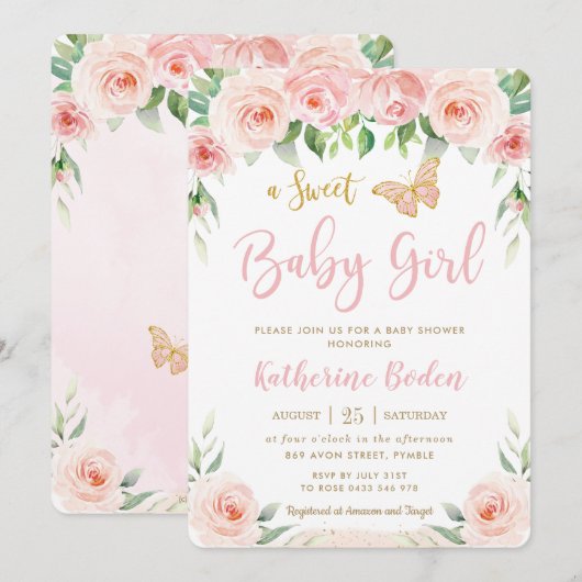 Baby shower van zoete Blush Pink Floral Butterflie Kaart (Voorkant / Achterkant)