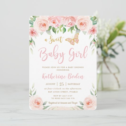 Baby shower van zoete Blush Pink Floral Butterflie Kaart (Staand voorkant)