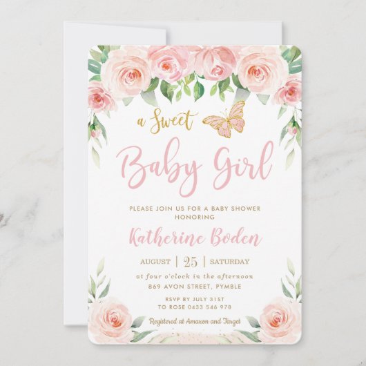 Baby shower van zoete Blush Pink Floral Butterflie Kaart (Voorkant)