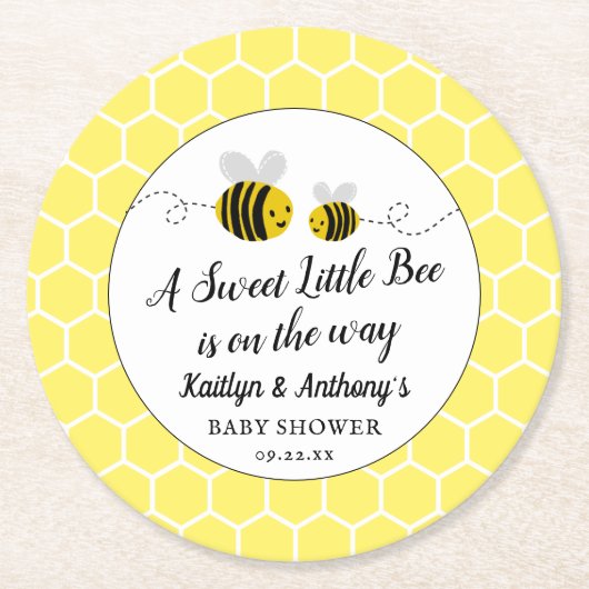 Baby shower van zoete kleine honingbijen ronde kartonnen onderzetter (Voorkant)