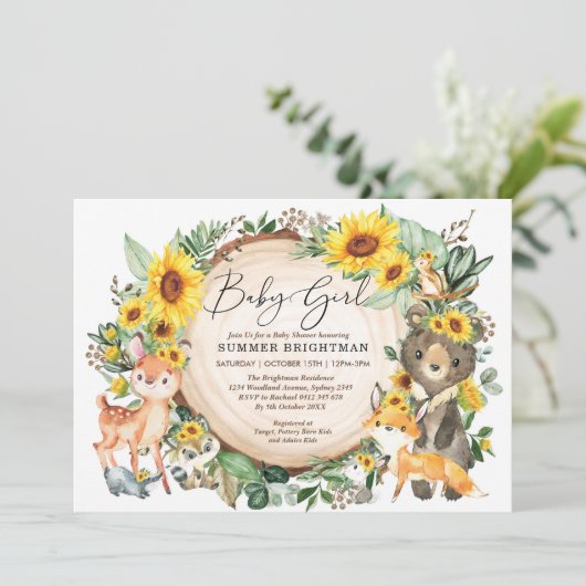 Baby shower van zonnebloempitten en bosdieren kaart (Staand voorkant)