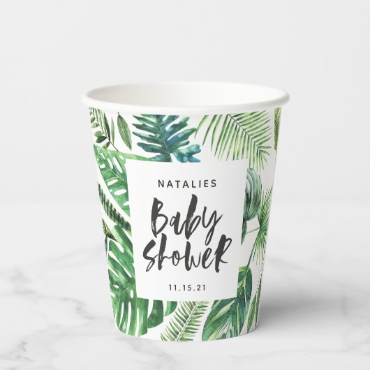 baby shower van zwarte en witte tropische bladeren papieren bekers (Achterkant)