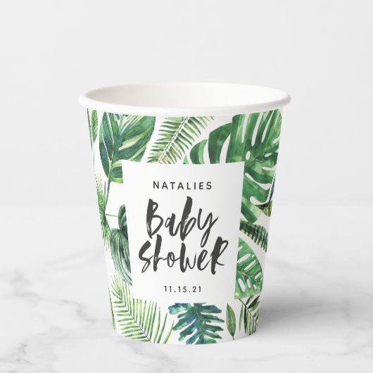 baby shower van zwarte en witte tropische bladeren papieren bekers (Voorkant)