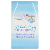 Baby shower verhalenleverder, baby bord klein cadeauzakje (Achterkant)