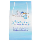 Baby shower verhalenleverder, baby bord klein cadeauzakje (Voorkant)