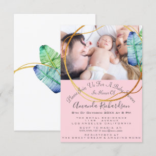 Baby shower Verjaardagsfoto Blauw Wit Roze Kaart