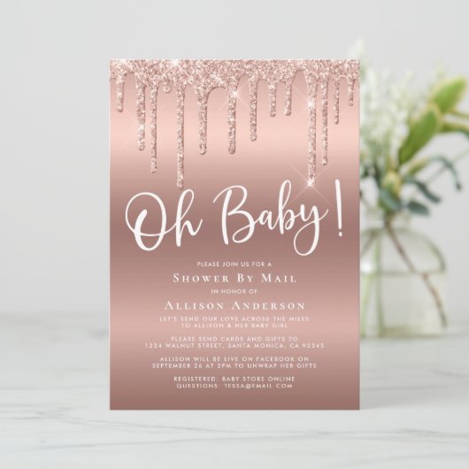 Baby shower via e-mail Glitter Drip Roos Gold Kaart (Staand voorkant)