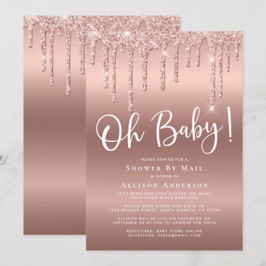 Baby shower via e-mail Glitter Drip Roos Gold Kaart (Voorkant / Achterkant)