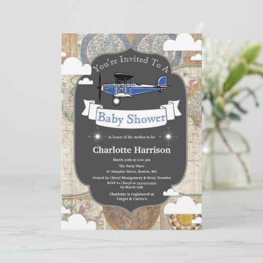 Baby shower  vliegtuig en Wereldkaart Kaart (Staand voorkant)