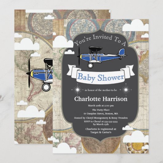 Baby shower  vliegtuig en Wereldkaart Kaart (Voorkant / Achterkant)