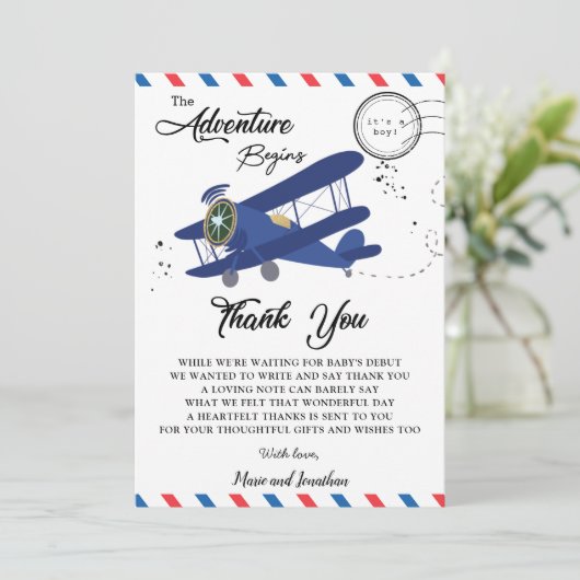  Baby shower vliegtuigblauw Bedankkaart (Staand voorkant)