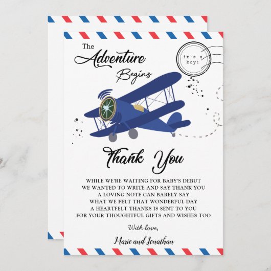 Baby shower vliegtuigblauw Bedankkaart (Voorkant / Achterkant)