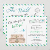 Baby shower vliegtuiggroene blauwe reisjongen kaart (Voorkant / Achterkant)