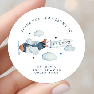  Baby shower vliegtuigjongen Dank u wel Ronde Sticker