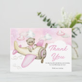 Baby shower vliegtuigroze Teddy Bear Bedankkaart (Staand voorkant)