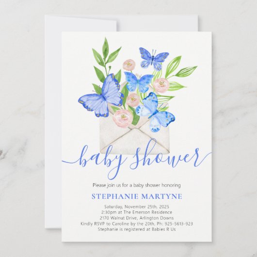 Baby shower Vlinder Blauw Bloemen Envelop Kaart (Voorkant)