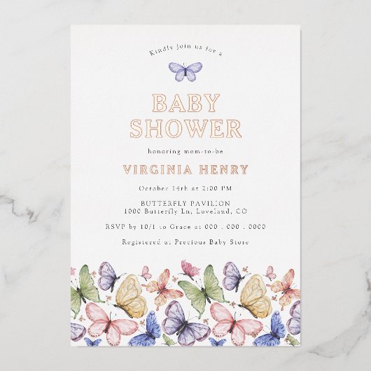 Baby Shower Vlinder Folie Uitnodiging (Voorkant)