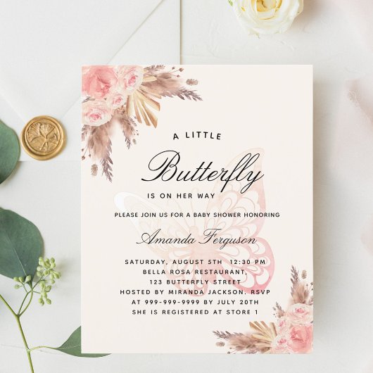 Baby shower vlinder roze beige pampas uitnodiging