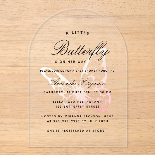 Baby shower vlinder roze meisje boog acryl uitnodigingen (Voorkant)