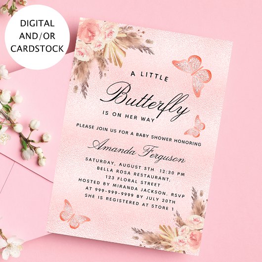 Baby shower vlinder roze pampaggras kaart