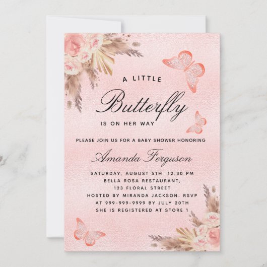 Baby shower vlinder roze pampas luxe kaart (Voorkant)