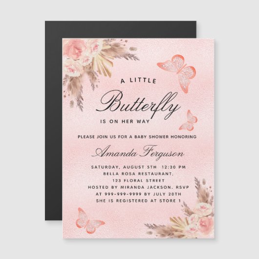 Baby shower vlinder roze pampas luxe magnetische uitnodiging (Voorkant / Achterkant)