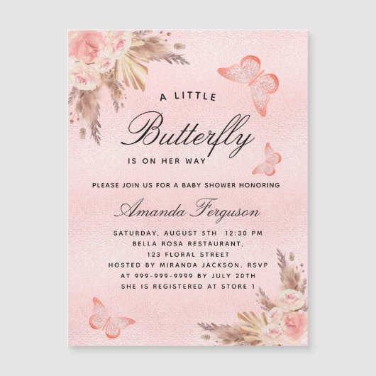 Baby shower vlinder roze pampas luxe magnetische uitnodiging (Voorkant)