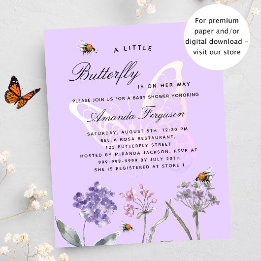Baby shower vlinder violet budget uitnodiging