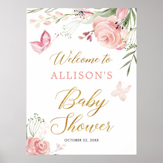 Baby shower vlinderbloemig meisje welkom bord poster (Voorkant)