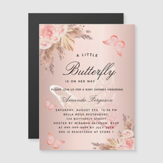 Baby shower vlinderroze meisje pampas boho luxe magnetische uitnodiging (Voorkant / Achterkant)