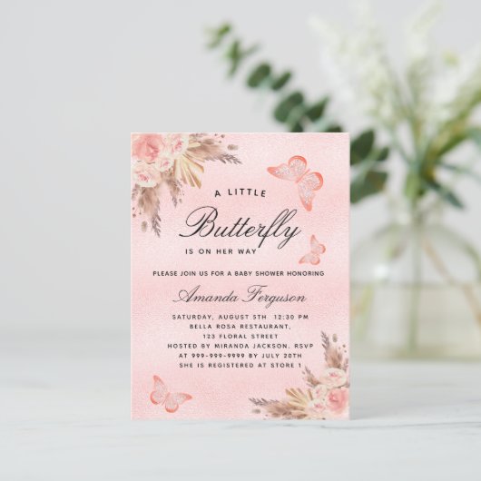 Baby shower vlinderroze pampagmeisje uitnodiging briefkaart (Staand voorkant)