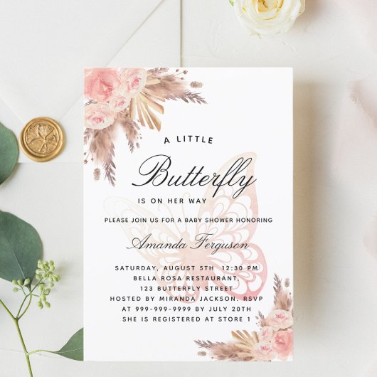 Baby shower vlinderroze pampasgras kaart