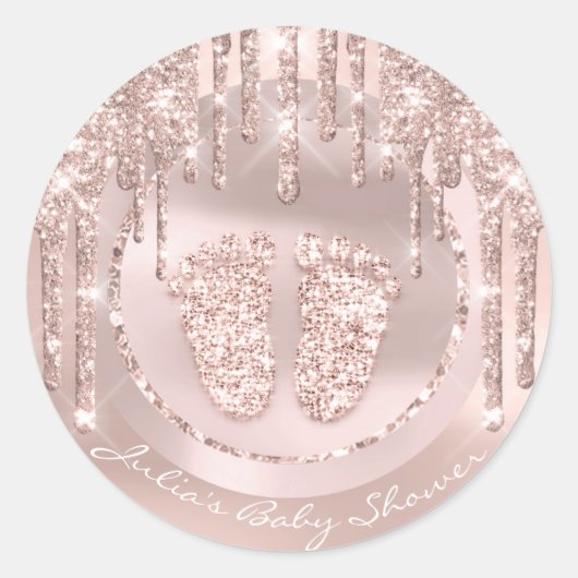 Baby shower Voetroze naam druppelaar Roos Glitter Ronde Sticker (Voorkant)
