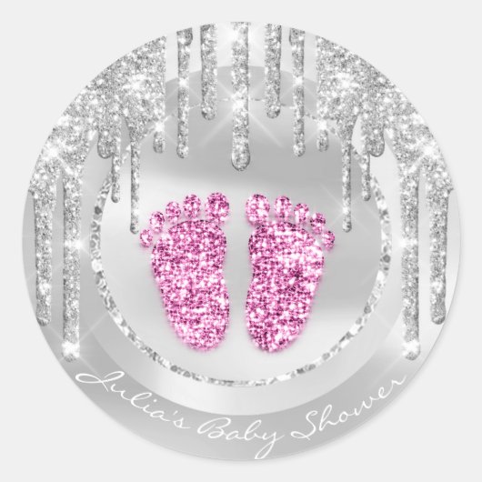 Baby shower Voetroze naam druppelt grijs glitter Ronde Sticker (Voorkant)