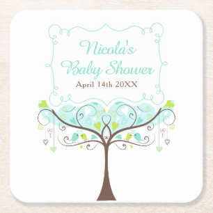 Baby Shower Vogels Hart Boom Blauw en Groen Kartonnen Onderzetters