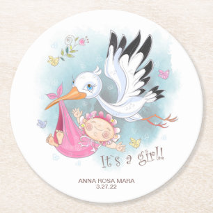 *~* Baby shower Vogels Stork Baby Girl Flowers Ronde Kartonnen Onderzetter