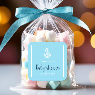Baby shower voor ankerblauw script vierkante sticker
