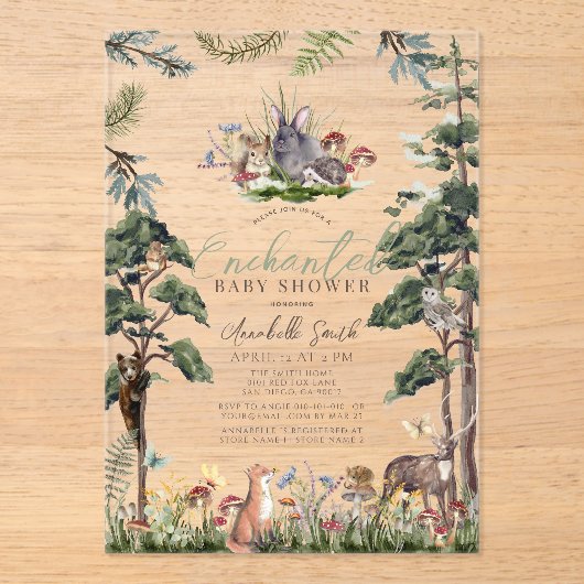 Baby shower voor betoverende bosbossen acryl uitnodigingen (Voorkant)