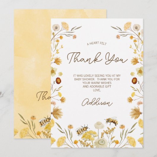 Baby shower voor bijenbloemen - Hartelijk dank Kaart (Voorkant / Achterkant)