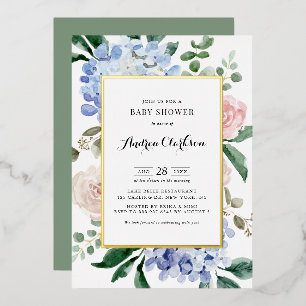 Baby shower voor blauwe brandkranen en roze rozen folie uitnodiging