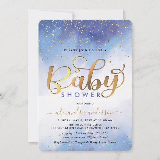Baby shower voor blauwe en gouden Waterverf Kaart (Voorkant)