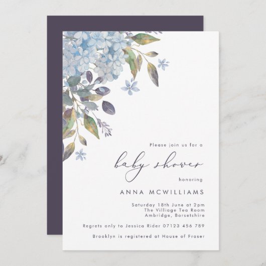 Baby shower voor blauwe hydrangeas en kalligrafie kaart (Voorkant / Achterkant)