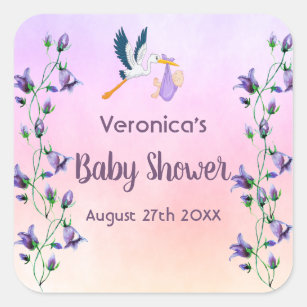Baby shower voor bloemetjes met  met ooievaar vierkante sticker
