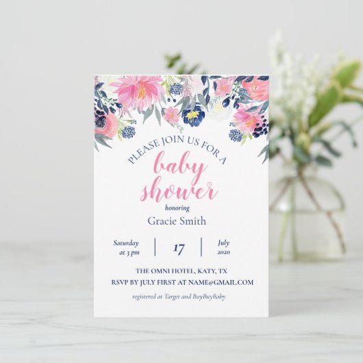 Baby shower voor Blush en Navy Waterverf Kaart (Staand voorkant)