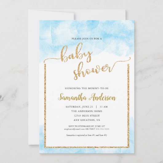 Baby shower voor Boy Blue Waterverf Gold Glitter Kaart (Voorkant)