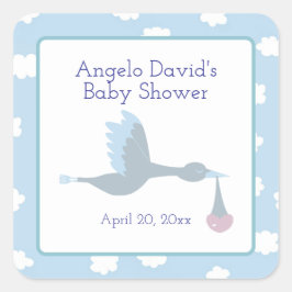 Baby shower voor Boy Stork met Blue Sky en Clouds Vierkante Sticker