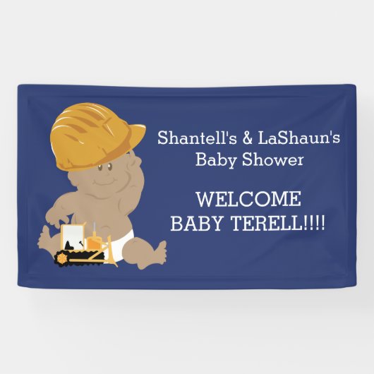 Baby shower voor de bouw (Donkere huid) Aangepaste Spandoek (Horizontaal)