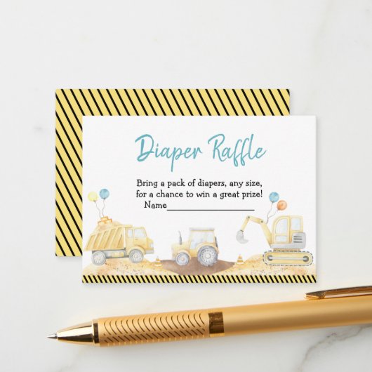 Baby shower voor de bouw van Truck Boy Diaper Informatiekaartje (Voorkant / Achterkant in situ)