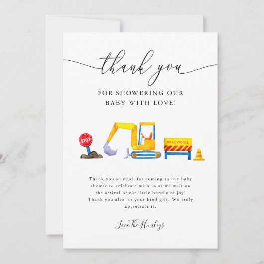 Baby shower voor de bouw van vrachtwagens bedankkaart (Voorkant)