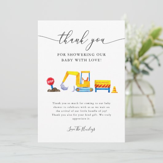 Baby shower voor de bouw van vrachtwagens bedankkaart (Staand voorkant)